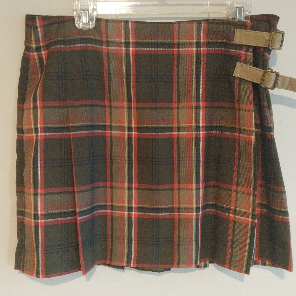 Tommy Hilfiger Pink and Tan Tartan Plaid Pleated Buckle Mini Skirt